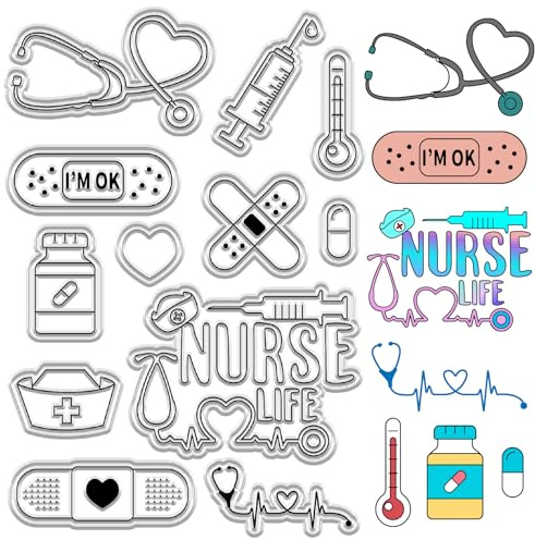 craspire Transparente Stempel Zum Tag Der Krankenschwestern, Pflaster, Tablettenfläschchen, Thermometer, Stethoskop, Spritze, Herz, Wiederverwendbarer Poststempel, Transparente Silikon-Stempelsiegel