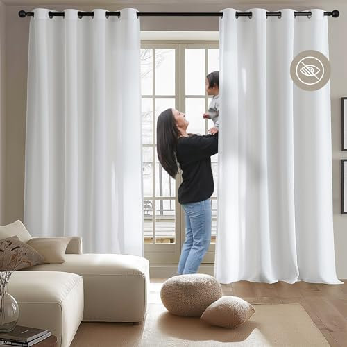 LYBHZDQ White Privacy Sheer Curtains Semi with Light Filtering, Non See Through Net Curtains Windows Drapes for Bedroom Living Room 2 Panels, Thermal Insulated W52 X L84 (Snow White, 132 x 214cm)