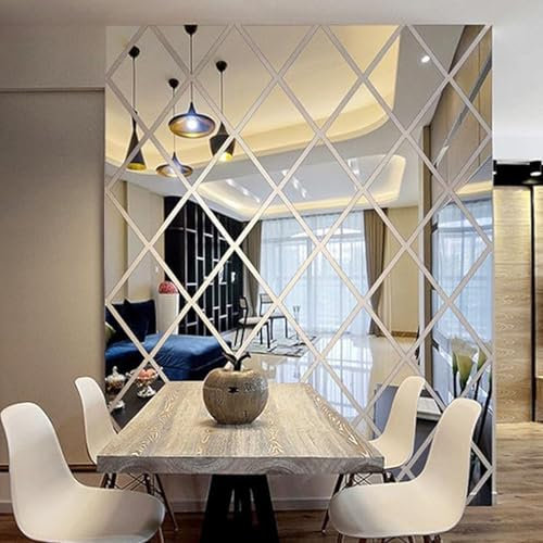 SSyang 58 Pezzi Adesivi da Parete con Specchio Rombo Autoadesivo, 3D Acrilico Rimovibile Fai da te Arte Piastrelle Impermeabili Mobili Decorazione, Per Pareti, Finestre e Armadi, 100*100cm (D'argento)