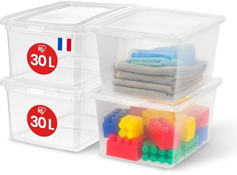 Iris Ohyama, Mehrzweck-Kunststoff-Aufbewahrungsbox, 30L, 4er Set, Transparent, Einfache Verschließung, Stapelbar, für Schlafzimmer, Küche, Büro, Badezimmer, Kleidung, Spielzeug, BPA-frei, CNL-30E