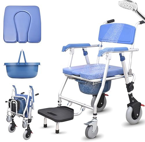 Aocay Chaise Percée Adulte, Chaise de Douche à Roulettes, Chaise de Toilette Pliante avec Accoudoirs et Dossier, Chaise Pot pour Personnes Âgées et Handicapées, Capacité Portante 150kg, Bleu