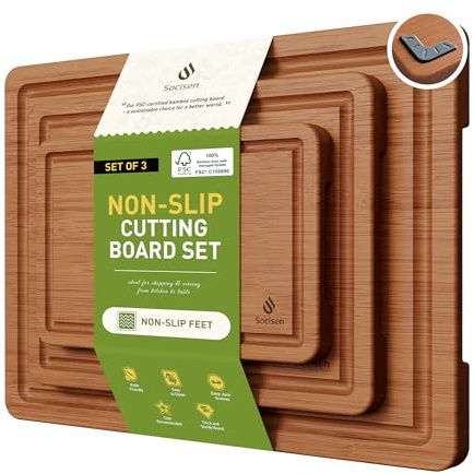 3 Packs Bamboo Cutting Board Set with Non Slip Feet and Over Sink Nice Solid Thick Wood Juice Groove Chopping Board Extra Large Big Small Best Hardwood Kitchen Counter Organic Vegetable