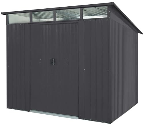Pergart Gerätehaus „Lübeck 89“ | mit Pultdach & Lichtband | aus verzinktem Stahl | abschließbar mit Schiebetüren | langlebig & wetterfest | 5,98 m² | Anthrazit, Grün & Holzoptik