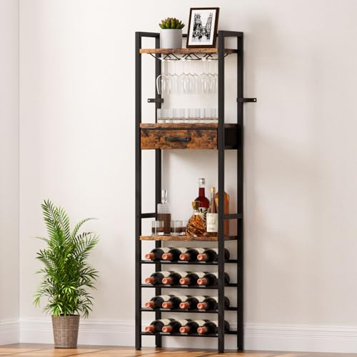 Yorbay Casier à Bouteilles pour 16 Bouteilles, Casier à Vin sur Pied à 4 Niveaux avec Porte-Verres et Tiroir, Etagere à Vin en Métal Vintage avec Étagères pour Bar, Cuisine, Salle à Manger, Sol