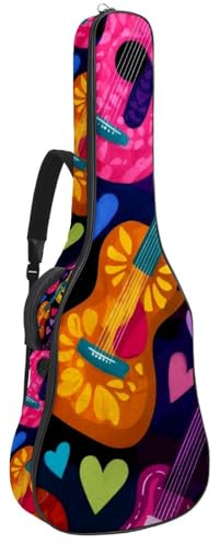 Gitarrentasche in voller Größe, 101,6 cm, 104,4 cm, 106,7 cm, Tragetasche für E-Bass, klassische Gitarre, bunte verschiedene Figuren auf schwarzem Hintergrund, Mehrfarbig 04, 42.9x16.9x4.7 in