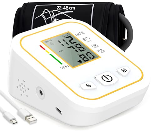 Rewing Blood Pressure Rechargeable Upper Arm Blood Pressure Machines for Home Use wiht Voice Broadcasting Accurate LED Display Heart Rate Detection 2x100 Records, Cuff 22-48cm