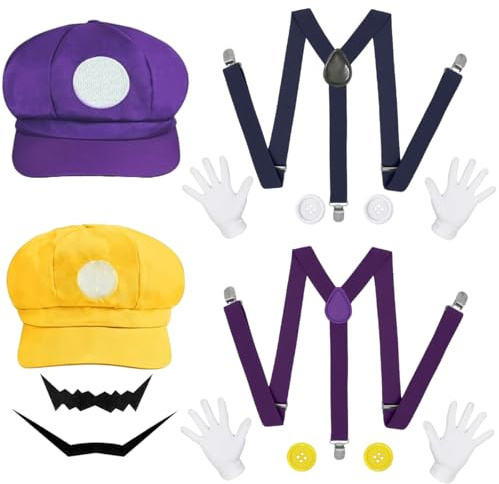 WELLXUNK Super Brothers Kostüm Zubehör, Super Bros Kostüm für Cosplay, Karneval Kostüm Accessories mit Hut, Handschuhen, Schnurrbärten, Hosenträgern und Knöpfe, Faschingskostüme für Damen Herren
