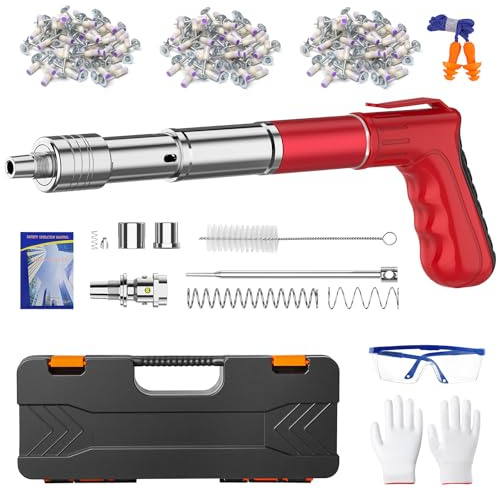 Pistola de Clavos, Pistolas de Uñas de Hormigón con 5 Velocidades Ajustable, 150 Clavos y Estuche de Transporte et Gafas y Guantes, Convient pour une Fixation Murale, sur Briques et sur Acier (A)