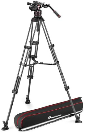 Manfrotto MVK612TWINMC Nitrotech 612 Fluid-Videokopf für Videoaufnahmen mit Doppelrohr-Stativ aus Carbon mit Mittelspinne für DSLRs, spiegellose, Video- und Cinema-Kamerasysteme, 18 kg Traglast