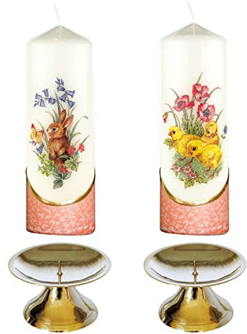 AUSWAHL * 2 Stück Osterkerze Stumpenkerze Osterdeko * 6 x 18 cm * inkl. 2 Kerzenständer aus Messing * mit farbigen Wachs- und Bildauflagen * AUSWAHL Motiv + Farbe * orange * (Serie 3 - Set 08/09)