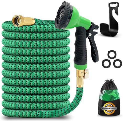 J&B XpandaHose dehnbarer Gartenschlauch, 30,5 m, mit Halterung, robuster 3750D, 4-lagiger Latexkern, extra starke Messingverbindungen und 10 Sprühdüsen mit Beutel