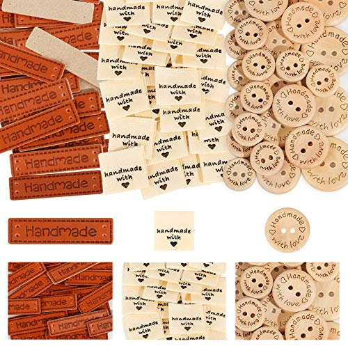 350 Pcs Handmade Tags Buttons with Love Leather Labels Stoff Etiketten Aufnäher Handmade Holzknöpfe PU Handmade Labels PU Handmade Labels Sewing and Crafting Decorations