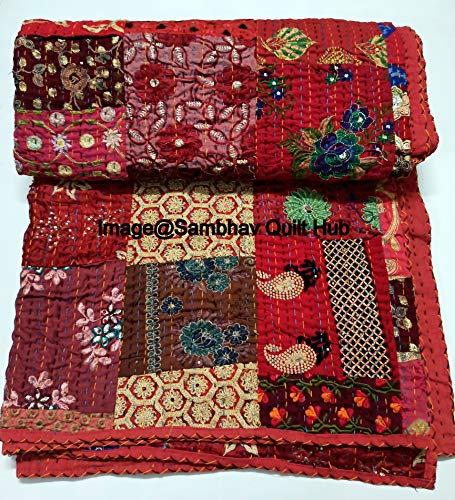 Handgefertigter Khambadiya-Tagesdecke, Vintage-Stil, Khambadiya-Druck, Patchwork, King-Size, Stickerei, Kantha-Quilt, Heimdekoration, Khambadiya, Kantha, Tagesdecke, indische Decke, Überwurf (rot)