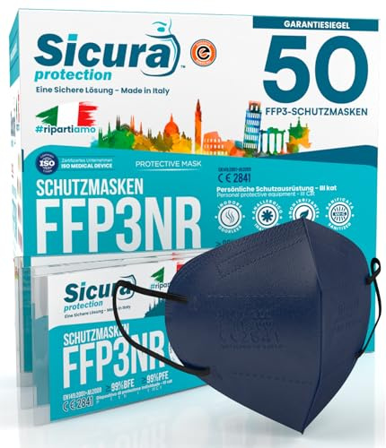 50x CE-zertifizierte FFP3 Masken Blau mit Schwarzen Gummibänder Made in Italy mit aufgedrucktem SICURA-Logo PFE ≥99% BFE ≥99% SANIFIZIERT einzeln versiegelt