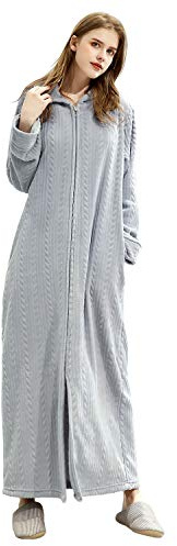 ZFSOCK Peignoir Femme Polaire à Capuche Hiver Robe de Chambre Fermeture à glissière Peignoir de Bain Longue Douce Microfibre Flanelle Robe de Nuit