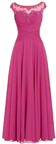 dinavian Vestido largo de gasa con cuello redondo para mujer, vestido de fiesta formal, vestido de dama de honor, fucsia, 42