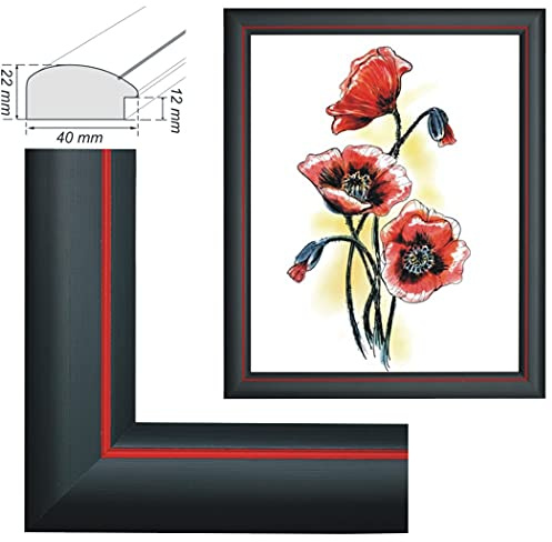 Bilderrahmen 40x50cm Schwarz Rot für z.B. Malen nach Zahlen (ohne Glas) | Dekorativer Bilderrahmen ohne Glas, ideal für Malen nach Zahlen Bilder, auch für Ölbilder und Acrylbilder geeignet
