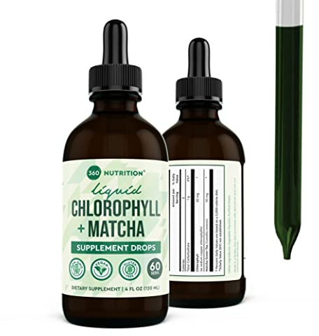 360 Nutrition Matcha Chlorophyll Liquid Drops with L-Theanine, Gluten Free & Vegan Internal Deodorant Supplement, Supports Gut Health, Digestion, Energy, Radiant Skin, Fast Absorption, 60 Servings