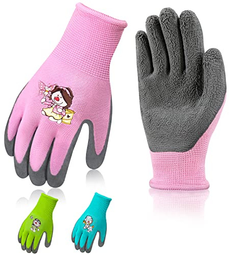 Jardineer 3 Paar Gartenhandschuhe Kinder 5-9 Jahre, Kinder Gartenhandschuhe mit Gummibeschichtung, Gartenhandschuhe für Kinder für Gartenarbeit