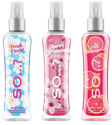 Body Mist by So…? Womens Fresh Floral, Cherry Blossom, Pink Grapefruit Body Spray Mixed Fragrance 100ml Bundle (Pack of 3)