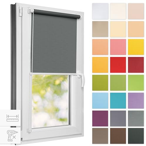 Estika Rollo für Fenster ohne Bohren - 50cm x 120cm - Grau 1-25 Stofffarben, Klemmfix Montage, Fensterrollos für innen, Sichtschutz für Fenster und Balkontür (50 cm Stoffbreite)