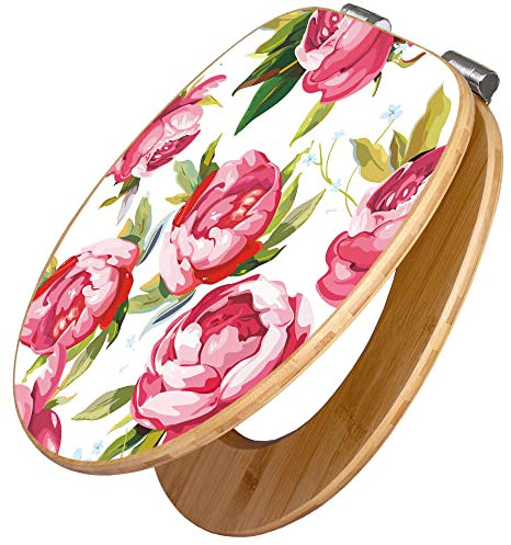 banjado Design WC Sitz Bambus Absenkautomatik 45,8x37,5cm / Toilettendeckel mit Absenkautomatik Holz/hochwertiger Bambus Klodeckel/WC-Sitz für gängigen Toiletten/Motiv Rosen Rustikal