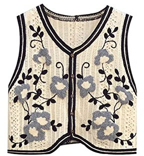 Gouekst Retro Bestickte Strickweste Jacke - Damen Frühling Und Herbst Draußen Mit Einer Modischen Weste Jacke Knöpfen V-Ausschnitt Ausschnitt Blumen Für Damen Oberteile Oberbekleidung,Schwarz,Ei