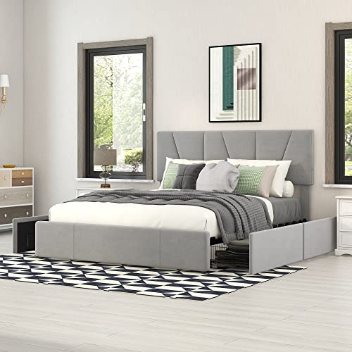 ModernLuxe Bett Samtstoff, Einzelbett/Doppelbett, Polsterbett mit Schubladen, Rückenlehne und Lattenrost, Höhenverstellbares Kopfteil,Jugendbett Gästebett (ohne Matratze) (Grau D, 140 x 200cm)