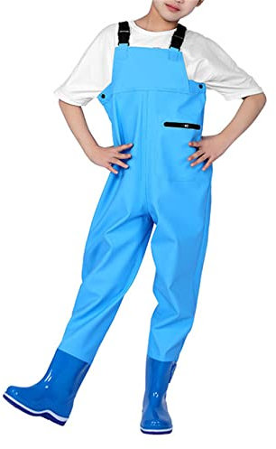 HWBZSZY Outdoor Angeln Jagd Kinder Wader Hosen, Leichte und Atmungsaktive Hip Watthosen mit Verstellbarer Schultergurt, wasserdichte Nylon/PVC Anglerhose für Jungen und Mädchen,Blau,36 EU