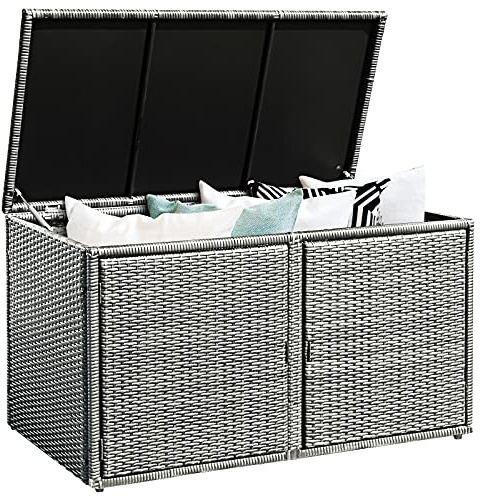 GOPLUS 335L Polyrattan Auflagenbox, Kissenbox Aufbewahrungsbox mit 2 Ablagen & Deckel, Gartenschrank für Garten, Balkon, Terrasse (Grau)
