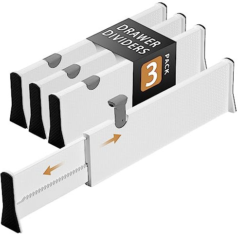 Cinnani Divisori per Cassetti Regolabili, Set di 3 Separatori per Cassetti in Plastica, Estensibili da 37,6 cm a 54 cm, Divisori Cassetti Per Cucina, Bagno, Camera da Letto, Cassettiera, Ufficio