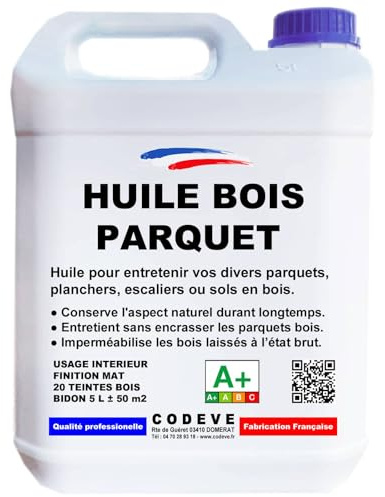 Huile Parquet - Codeve Bois/Chêne clair - 5L - Intérieur - Pour La Protection D'un Parquet Massif, Plancher, Escalier, Sol En Bois.