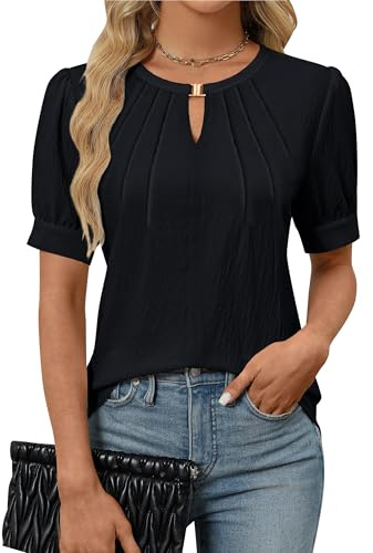 Blooming Jelly Womens Dressy Casual Tops Keyhole Work Blouses Business Short Sleeve Shirts 2026 (Medium, Black)
