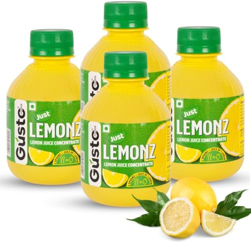 Gusto Foods Succo di limone giallo concentrato, confezione da 4 (800 ml) bottiglia tascabile senza problemi equivalente a 80 succo di limone naturale piccante, ideale per cucinare e bere tutti i