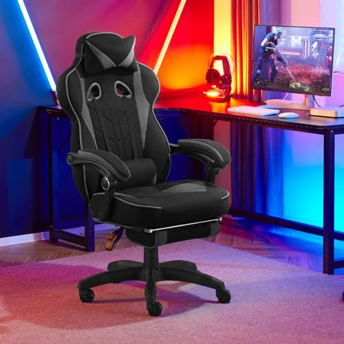 WOLTU Gaming Stuhl Stoff Stoff Kühl im Sommer Ergonomischer, 150 kg Belastbarkeit Verstellbarer Rückenlehne, Ergonomische Lendenstütze, Fußstütze, Büro- & Game-Sessel, Schwarz+Grau