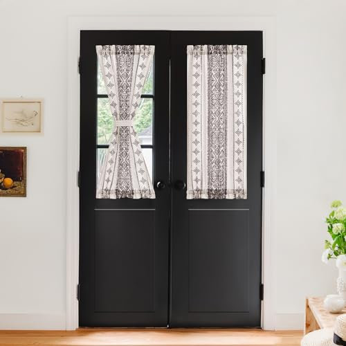 NICETOWN Linen Door Curtain for French Door Window, Boho Rustic Sheer Curtain Panel 40 Inch Long Bohemian Farmhouse Light Filtering with Tieback, 1 Panel, Natural, 26 Wide