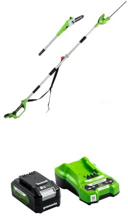 Greenworks 24V Cordless 2-in-1 Pole Saw and Hedge Trimmer, 20cm Bar, 51cm Dual Action Blades, 4Ah Battery & Charger, 3 Year Warranty G24PSHK4