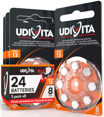 24 Pile Udivita per Apparecchi Acustici Misura 13 PR48 (Arancioni - Zinco Aria) con Phono Pulse Technology - 3 Blister da 8 Batterie