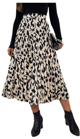 SOLY HUX Damen Leopardenmuster Rock A Linien Plissee Langer Freizeitrock mit Elastischem Bund