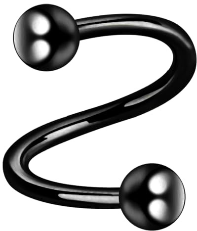 AZARIO LONDON Piercing en espiral de titanio anodizado de grado G23, calibre 16 (1,2 mm) con bola, barra para cejas, cartílago de oreja, barra para tragus, 8mm Length - 4mm Ball, Titanio anodizado, No