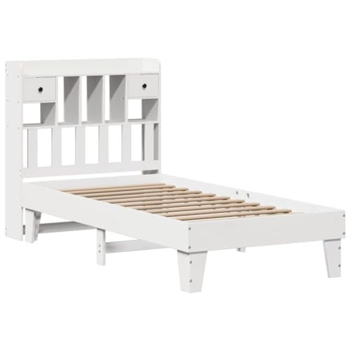 vidaXL Massivholzbett, Holzbett ohne Matratze, Einzelbett Bettgestell mit Lattenrost, Schlafzimmer Bett Kopfteil mit Stauraum, Weiß 75x190cm Kiefernholz