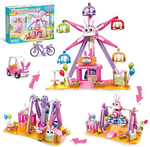 AKWME Friends Pink Ferris Wheel Building Blocks Set Age 6+ for Girls,3 in 1 Amusement Park Building Blocks Kit Toy Compatible with LEGO Friends, STEM Creative Construction Gift for kids Ages 6-12