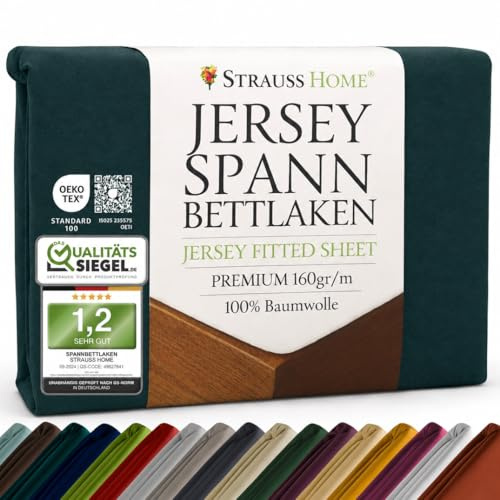 Strauss Home Premium Spannbettlaken Jersey 140x200-160x200 cm - 160 g/m² 100% gekämmte Baumwolle, 25 cm Steg, Oeko-TEX - für Standardmatratzen Doppelbett - Petrol