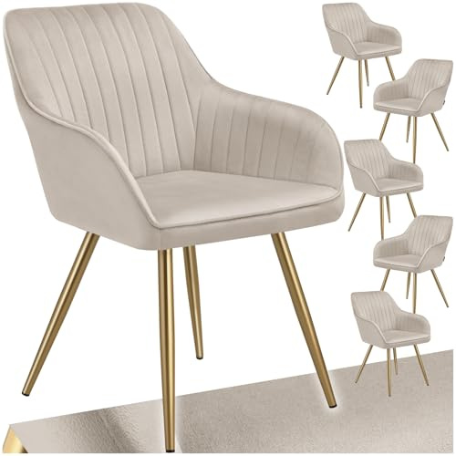 tectake® Esszimmerstuhl, gesteppter Samtstoff Stuhl, mit Armlehnen, als Essgruppe, Küchenstühle modern, gemütlicher Sessel Wohnzimmer, Dining Lounge, Schminktisch Stuhl- Taupe/Gold, 6er Set