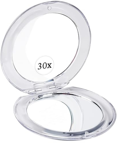 MIRRORVANA Small Compact 30X Magnifying Mirror for Travel - Handheld, Foldable & Very Lightweight - Mini Pocket-Sized Magnified Mirror for Purse - Round 8cm x 8cm