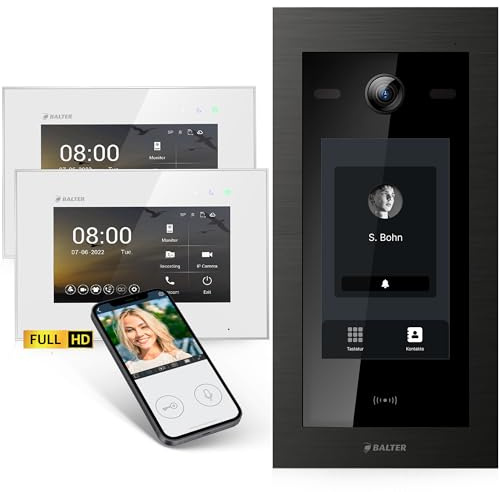 Balter EVO-HD Video Türsprechanlage mit Touchscreen Türstation, Video Türklingel, Smartphone App, 1 Familienhaus, 2X 7 Zoll Monitore, Türklingel mit Kamera Full HD, 2 Draht Bus, 175° Weitwinkel, RFID