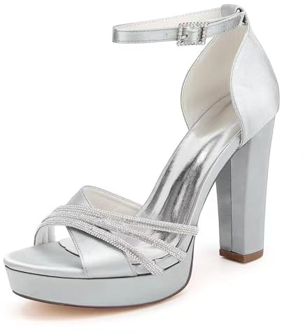 Mujer Tacón Alto De Bloque Zapatos De Vestir con Hebilla Peep Toe Satén Sandalias De Novia con Diamantes Correa De Tobillo Plataforma Zapatos De Fiesta De Boda