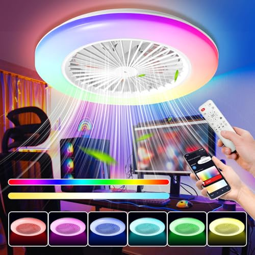 Joparri 2x RGB ventilateur de plafond avec éclairage et télécommande Ø49 cm, lampe de plafond LED intelligente à 3 températures de couleur et 6 vitesses, minuteur, fonctionnement été-hiver pour
