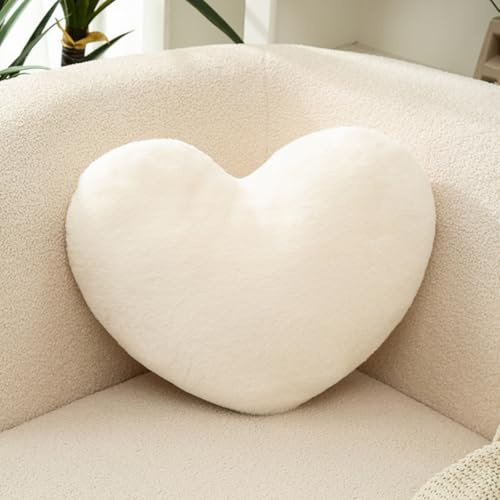 JPORSHU Morbido cuscino decorativo a forma di cuore, in finta pelliccia, per letto, divano e stanza, per donne, ragazze e bambini (25 x 33 cm, bianco)