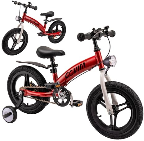 GOVITA 3-i-1 cykel, cykel 14 tum barn 3 till 5 år, cykel utan pedaler för barn upp till 30 kg Hållbar och lätt justerbar styre och sadel, med stativ och hjul (vit/röd)